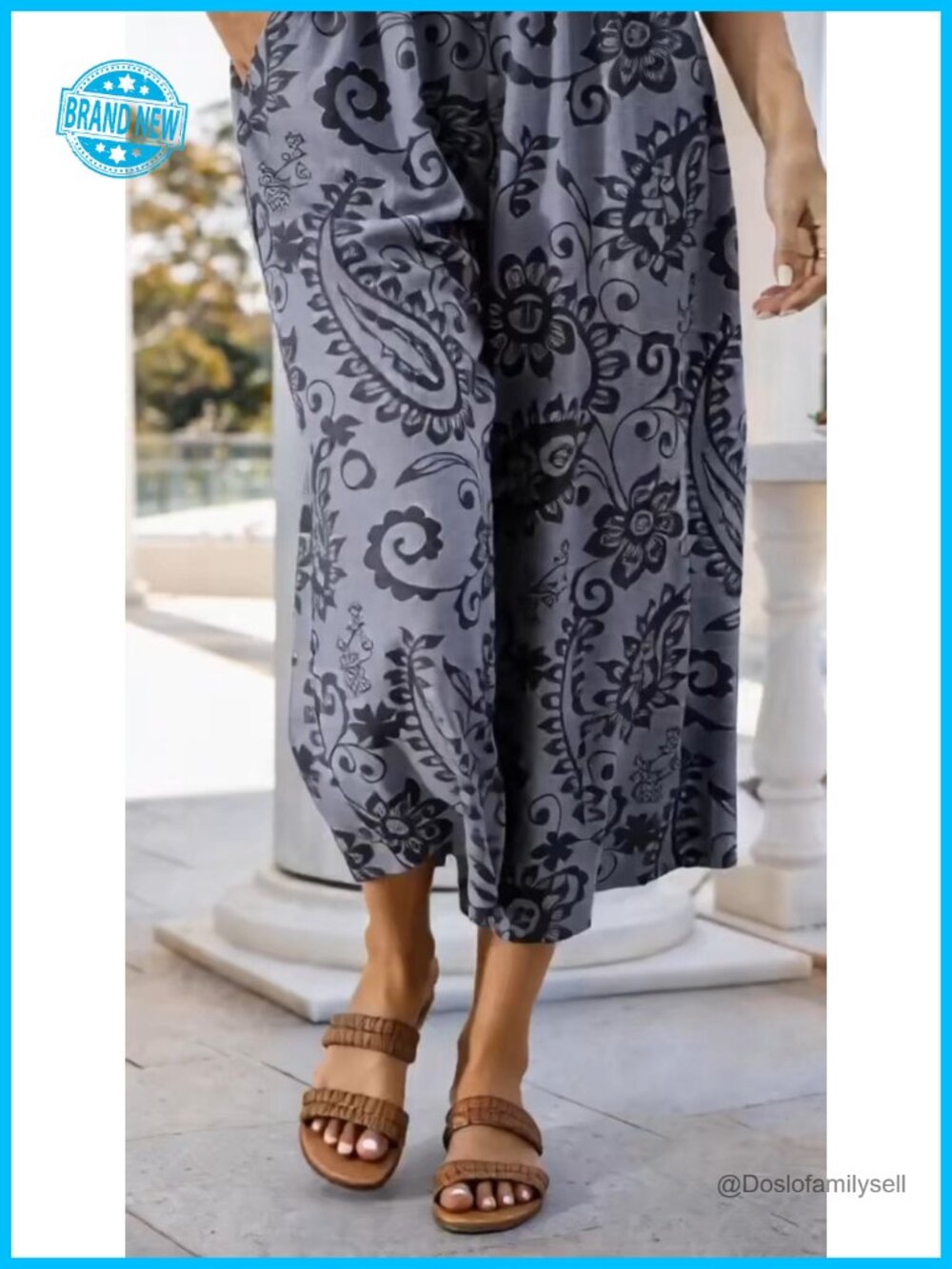Wide Leg Linen Capri Pants Elastic Waist Palazzo Trousers with Pockets - Picture 6 of 7